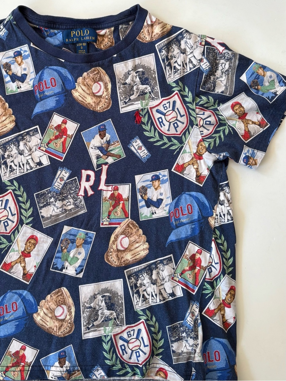 Polo Ralph Lauren‎ || Baseball Print Cotton Tee T-Shirt Hat Cards Glove Blue L